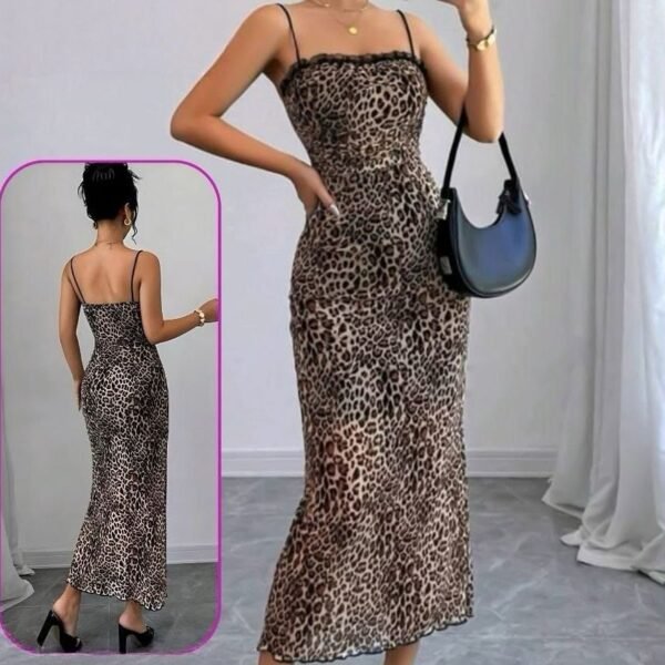Leopard Print Lace-Trim Midi Slip Dress
