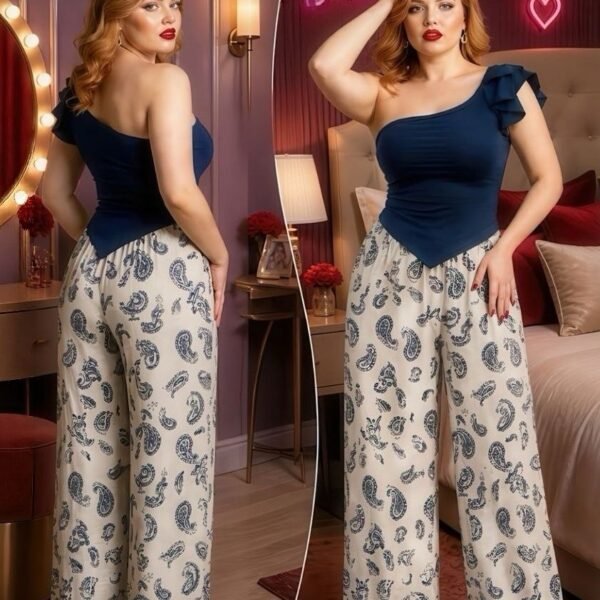 Chic Navy One-Shoulder Paisley Set