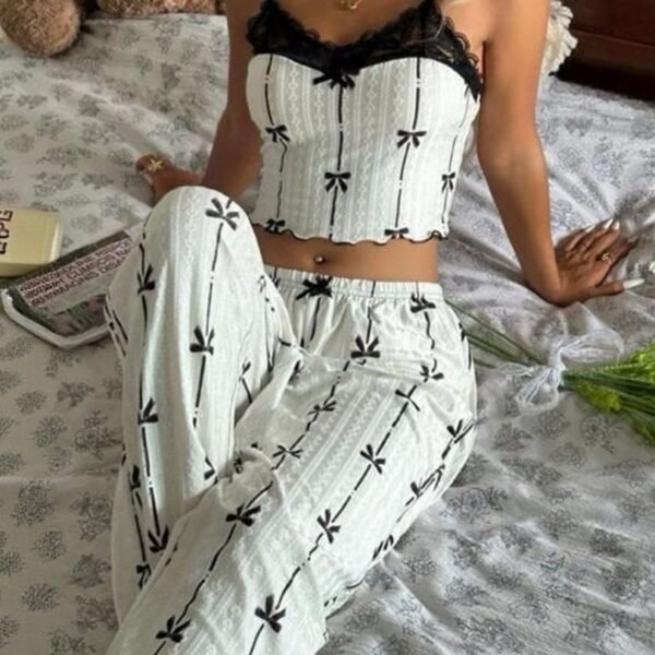 Chic Bow-Print Lace Cami & Wide-Leg Pajama Set