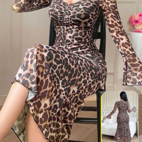 Elegant Leopard Print Ruched Midi Dress
