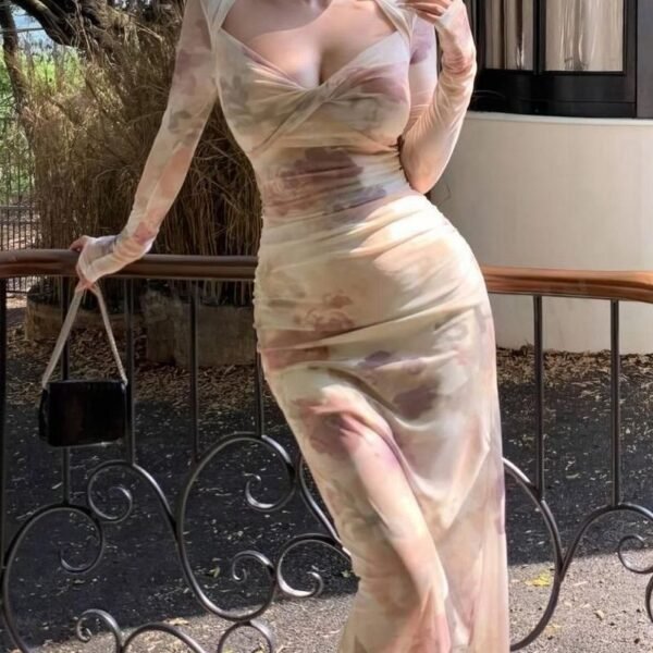 Elegant Floral Mesh Ruched Maxi Dress