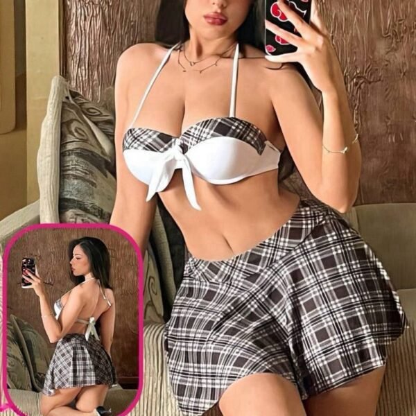 Chic Plaid Two-Piece Set: Halter Top & Mini Skirt