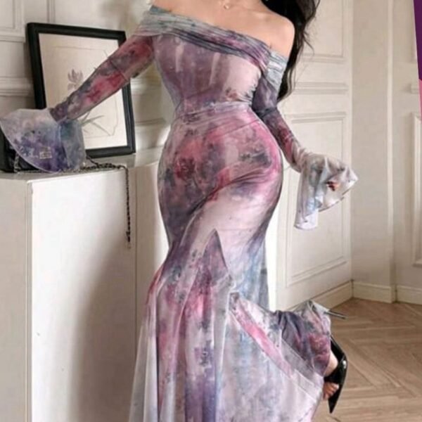 Off-the-Shoulder Watercolor Maxi Dress