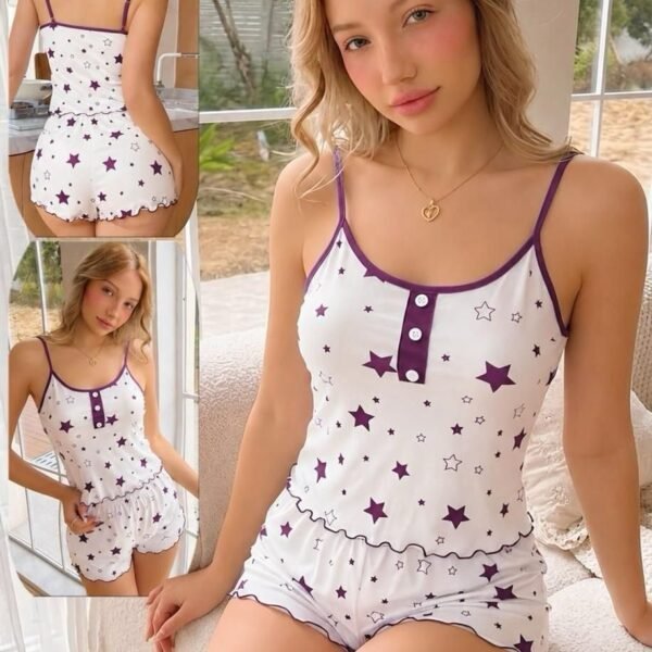 Star Print Lettuce-Trim Cami & Shorts Pajama Set