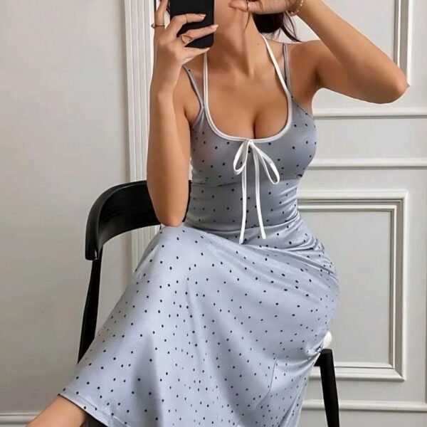 Polka Dot Halter-Neck Maxi Dress with Contrast Piping