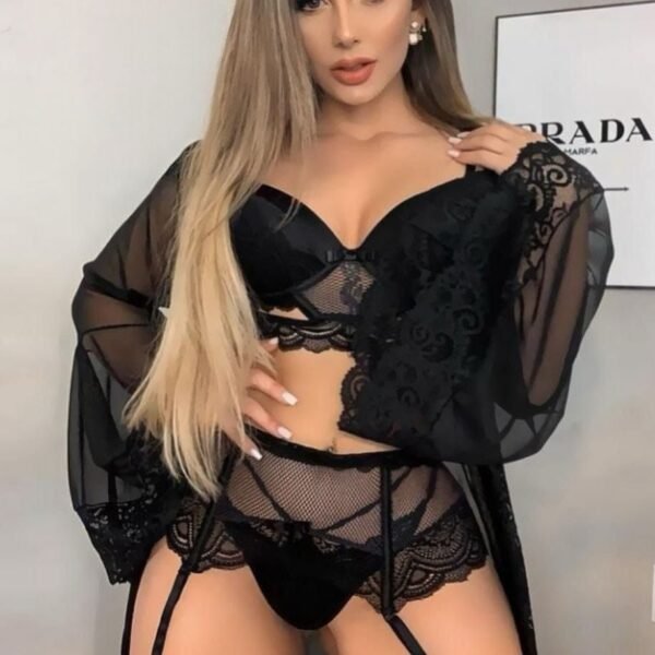 Elegant Black Lace & Mesh Lingerie Set with Matching Robe
