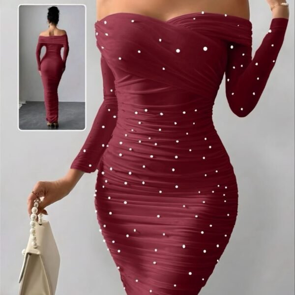 Elegant Off-the-Shoulder Pearl Embellished Maxi Dress