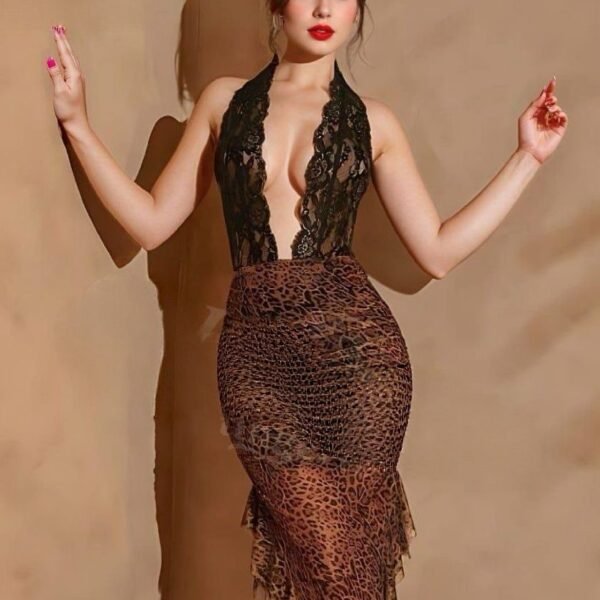 Elegant Halter-Neck Lace & Leopard Print Ruffled Maxi Dress