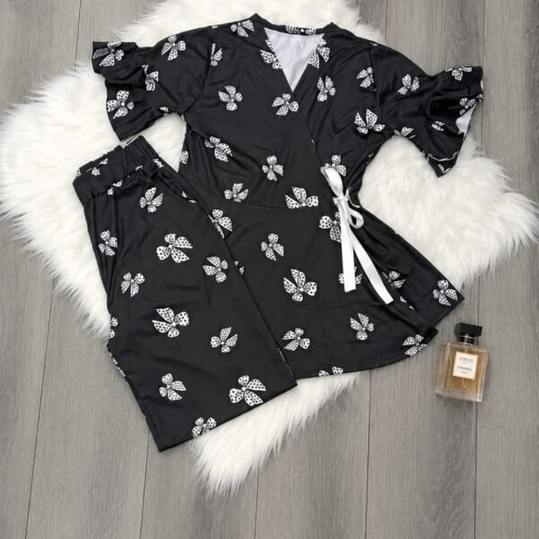 Elegant Polka-Dot Bow Wrap Loungewear Set