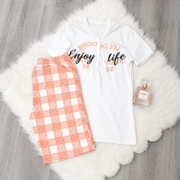 Trendy Plaid & Ribbed "Enjoy Life" Loungewear Set