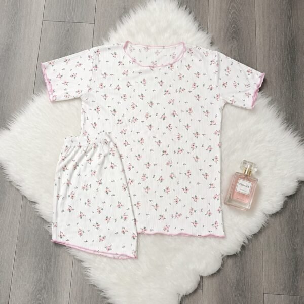 Dainty Floral Ribbed Loungewear Short Set