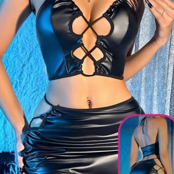 Seductive Wet-Look Faux Leather 2-Piece Lace-Up Set