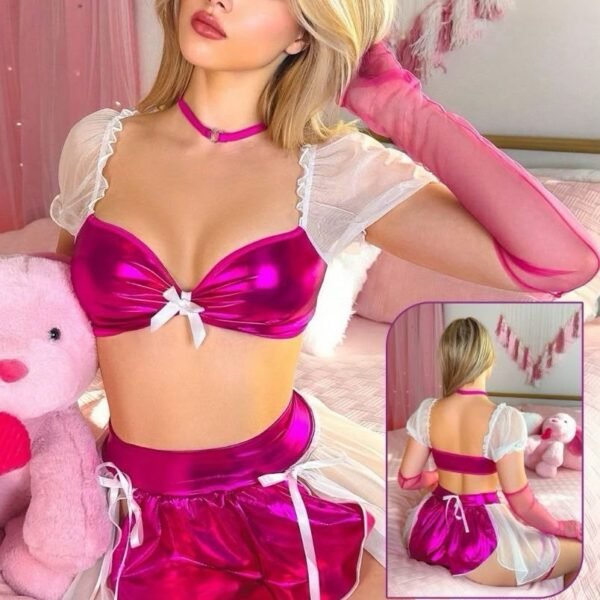 Metallic Pink & Sheer Mesh Anime Cosplay Lingerie Set1Metallic Pink & Sheer Mesh Anime Cosplay Lingerie Set