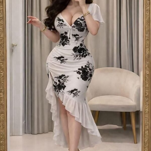 Romantic Floral High-Low Mermaid Dress with Ruffle Trim