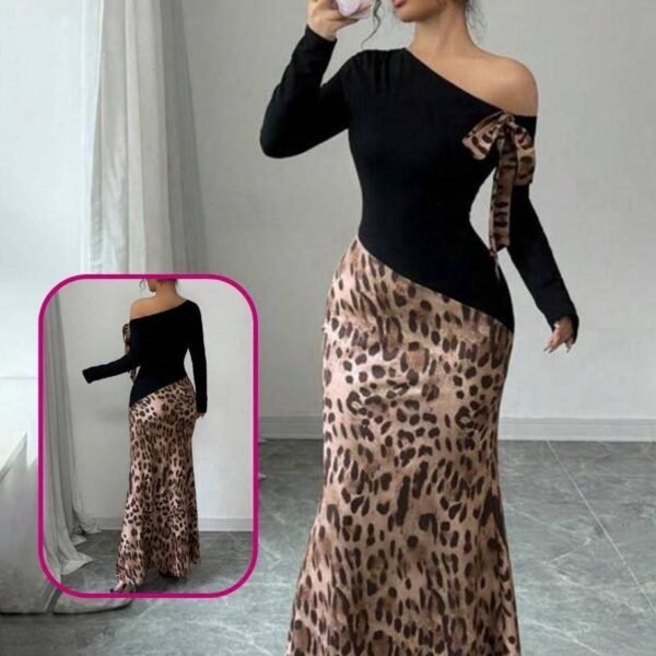 Chic Asymmetrical Off-the-Shoulder Leopard Print Maxi Dress