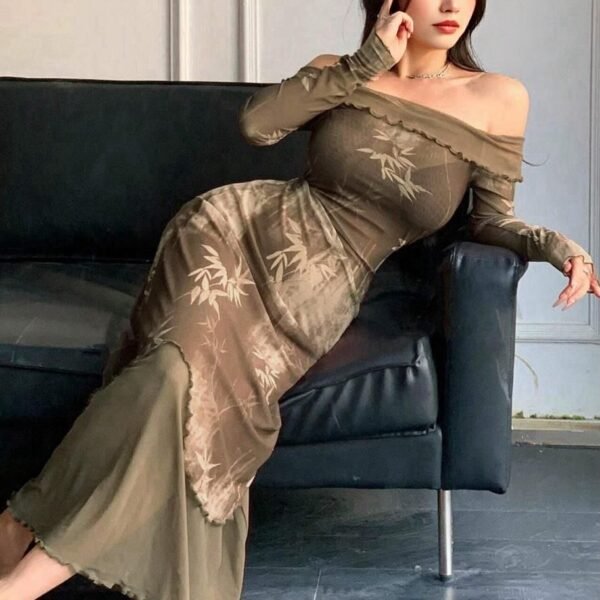 Earthy Olive Green Layered Mesh Bamboo Print Maxi Dress