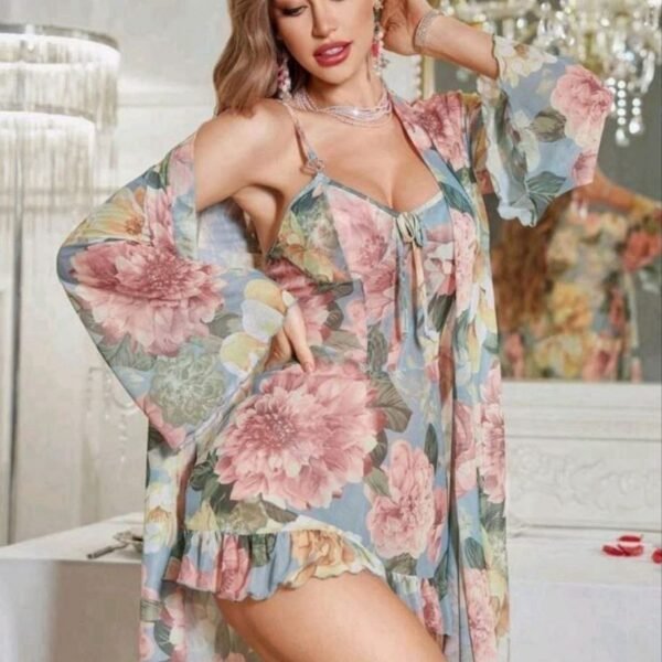 Vintage Floral Print Cami Romper & Matching Robe Set