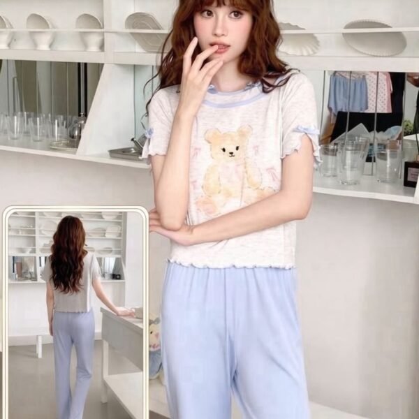 Cute Teddy Bear Print Pajama Set with Lettuce-Trim & Bow Details