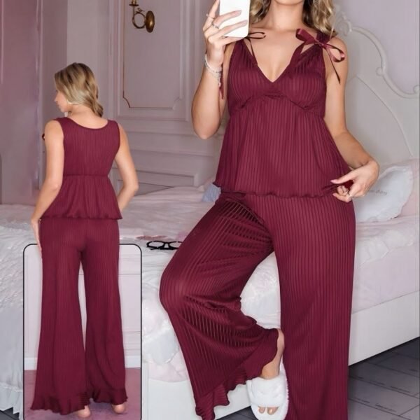 Chic Ribbed Plissé Cami & Wide-Leg Loungewear Set