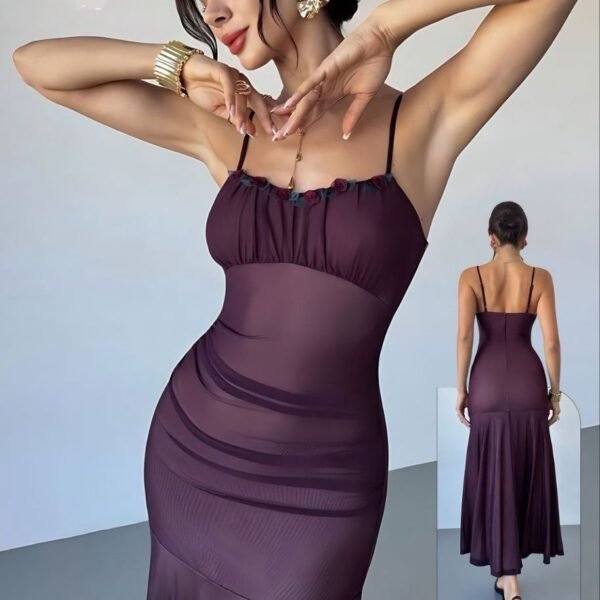 Vintage-Inspired Ruched Mesh Midi Dress with Ribbon Rose Trim