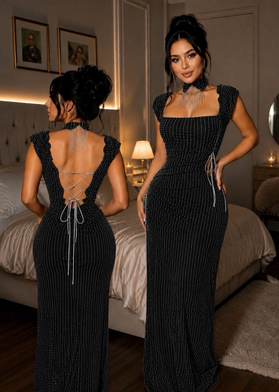 Elegant Rhinestone Maxi Gown with Crystal Choker