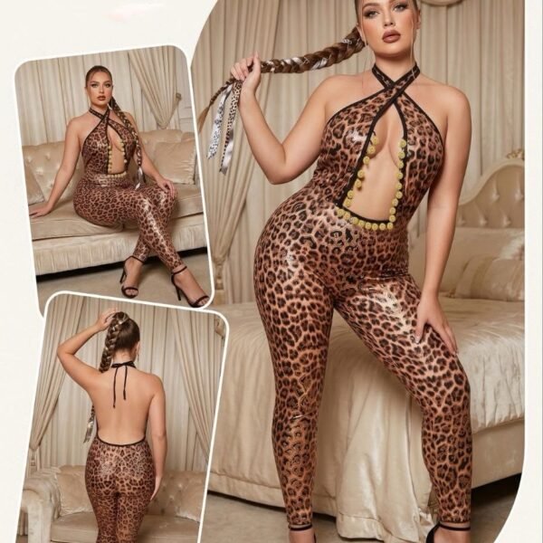 Fierce Metallic Leopard Print Halter Jumpsuit