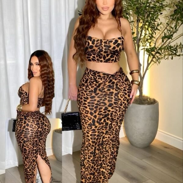 Seductive Leopard Print 2-Piece Crop Top & Maxi Skirt Set