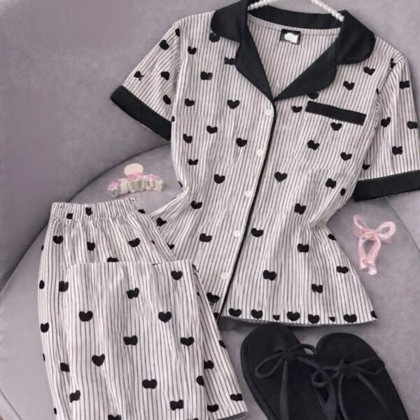 Heart & Stripe Print Short-Sleeve Pajama Set