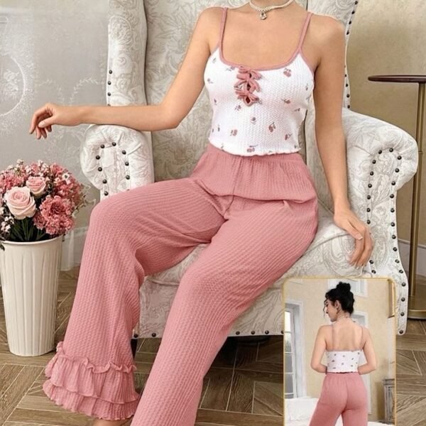Cherry Print Lace-Up Cami & Ruffle Pants Loungewear Set