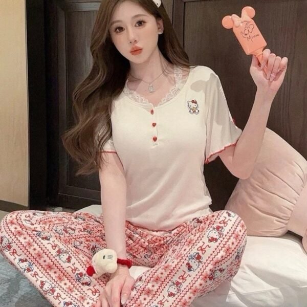 Cute Hello Kitty Lace-Trim Pajama Set