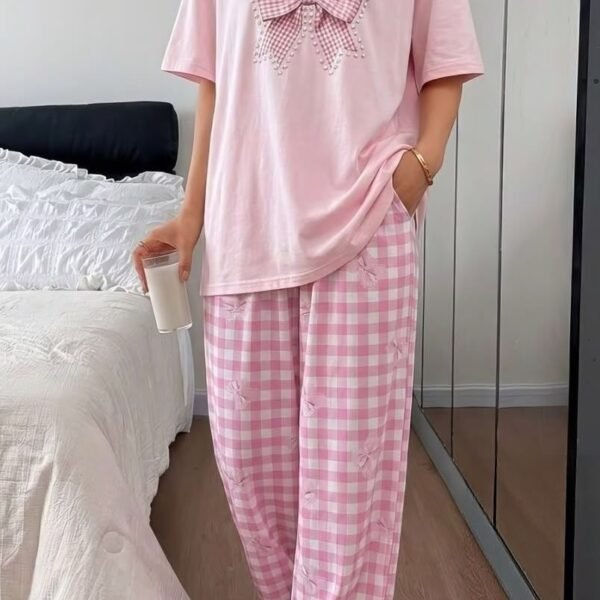 Pink Gingham Bow Accent Lounge Pajama Set