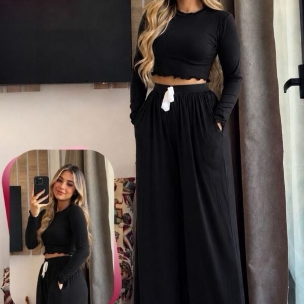 Long-Sleeve Crop Top & Wide-Leg Pants Set