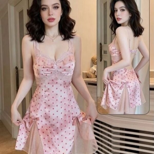 Elegant Polka Dot Satin Nightdress with Lace & Tulle Trim