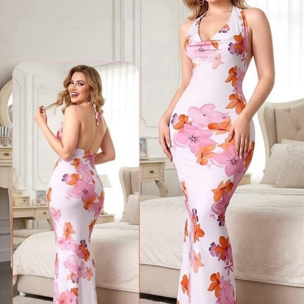 Vibrant Floral Halter Neck Mermaid Maxi Dress