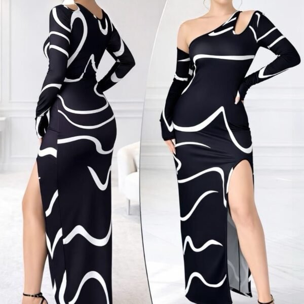 Elegant Abstract Print Asymmetric Maxi Dress
