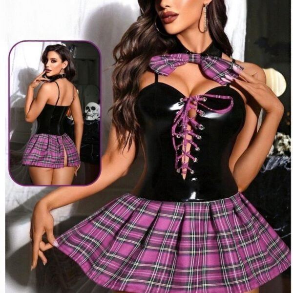 Sassy Plaid & Faux Leather Schoolgirl Lingerie Costume Set