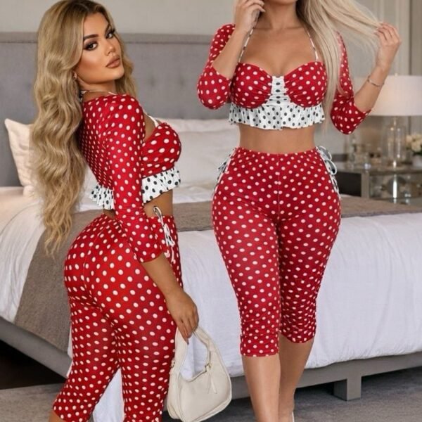 Retro Chic Polka Dot 3-Piece Matching Set – Crop Top, Shrug, and Capri Pants