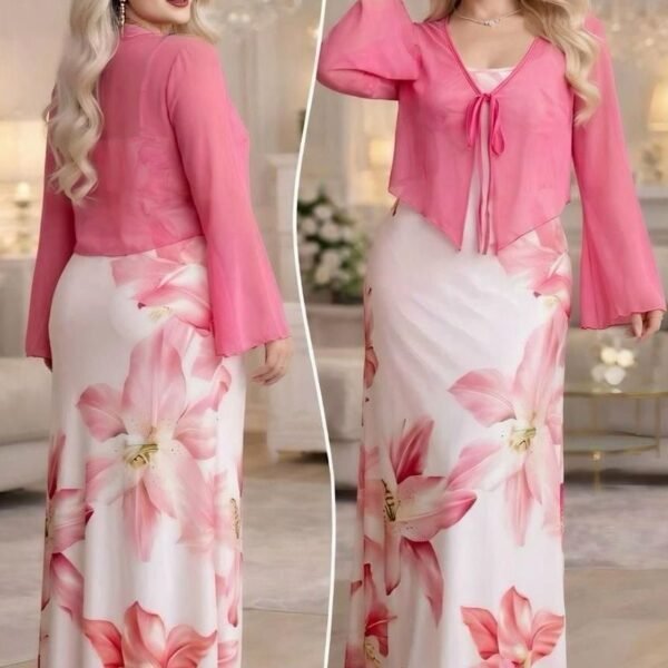 Elegant Abstract Print Maxi Dress with Matching Shrug Set