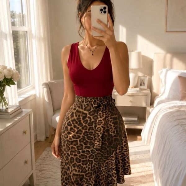 Chic Leopard Print Ruffle Skirt & Crimson Bodysuit Ensemble