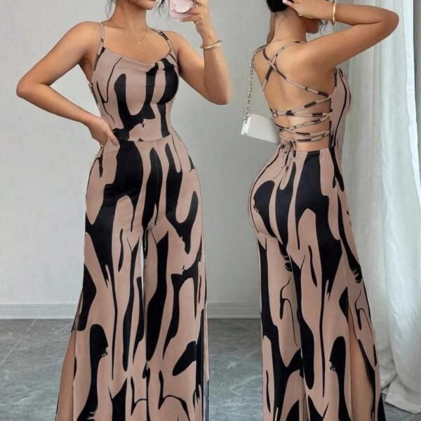 Abstract Print Lace-Up Back Wide-Leg Jumpsuit