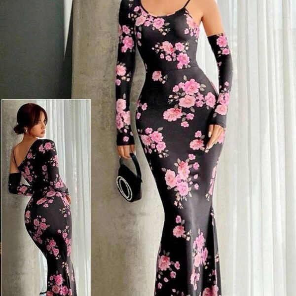 Elegant Asymmetrical Floral Mermaid Maxi Dress