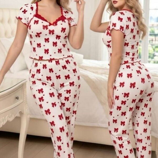 Charming Bow-Print Two-Piece Pajama Set