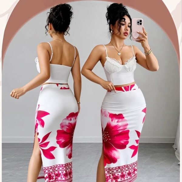 Chic Floral Print Two-Piece Midi Skirt Set – White & Fuchsia