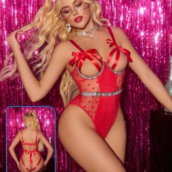 Heart-Print Sheer Mesh Teddy Lingerie with Satin Bows