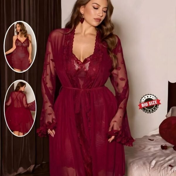 Elegant 2-Piece Burgundy Mesh & Lace Nightwear Set (Plus Size)