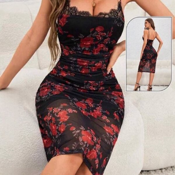 Floral Print Lace Trim Ruched Mesh Dress