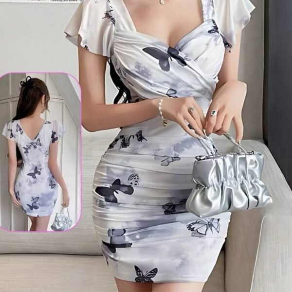 Butterfly Print Ruched Bodycon Mini Dress