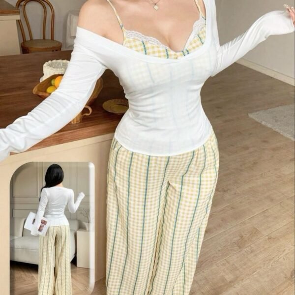 Chic Gingham & Layered Top Loungewear Set