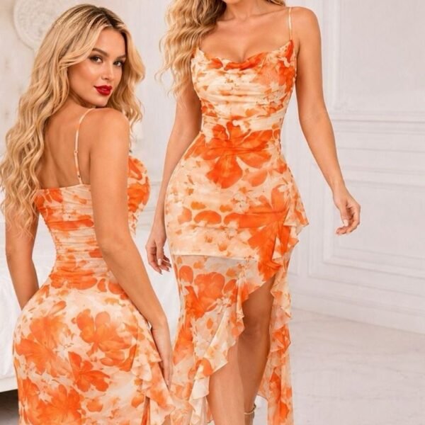 Vibrant Orange Floral Cowl Neck Maxi Dress