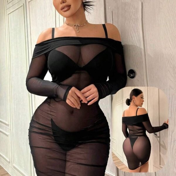 Elegant Off-The-Shoulder Mesh Sheer Mini Dress Set